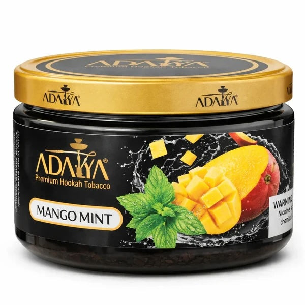 Adalya Premium Hookah Tobacco jar in Mango Mint flavor with fresh mango and mint leaves