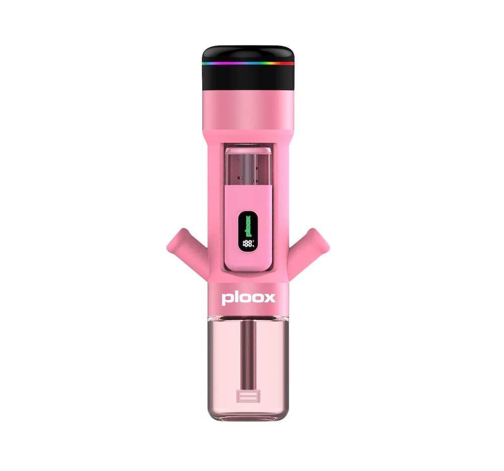 Pink Ploox portable electronic hookah with LED lighting and glass base