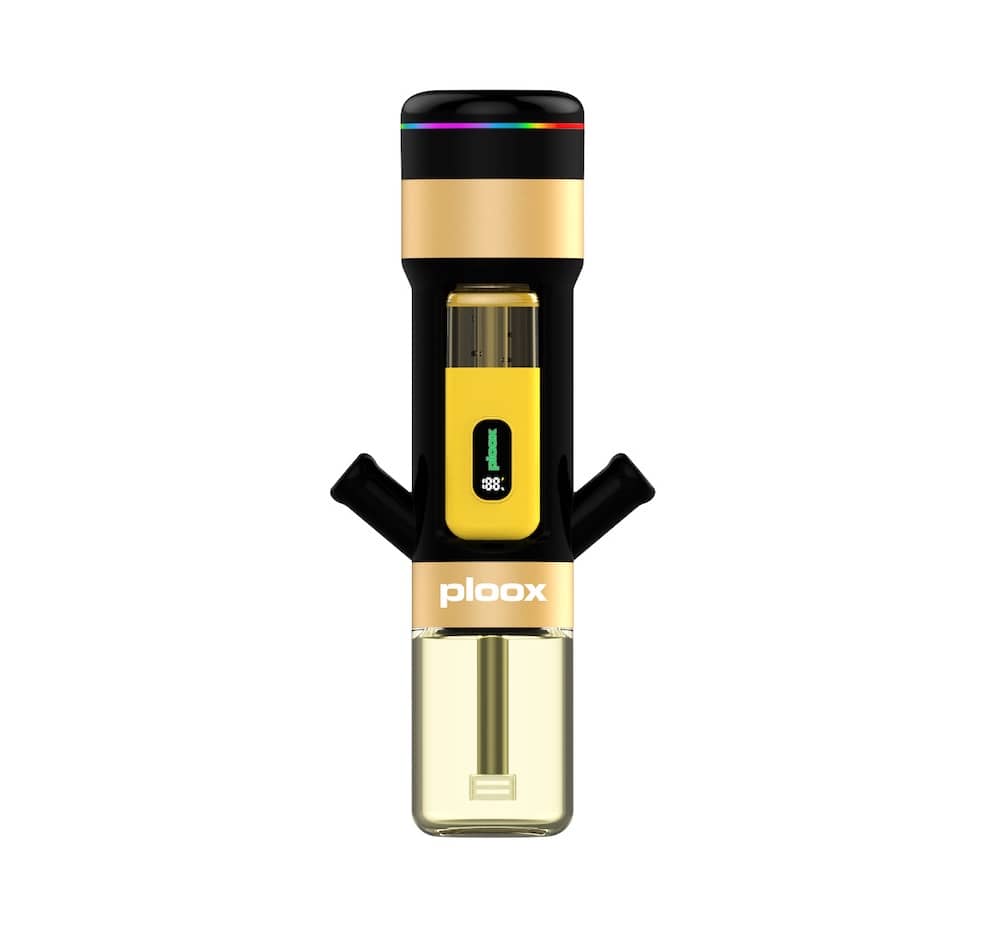Ploox gold and black portable electronic hookah with digital display and clear base