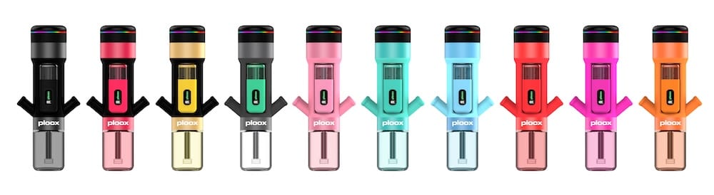 Collection of Ploox electronic cigarettes in various colors including black, pink, and blue.