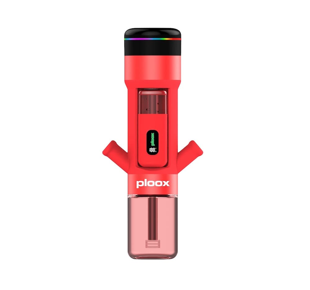 Red Ploox electronic hookah device with digital display and glass water base