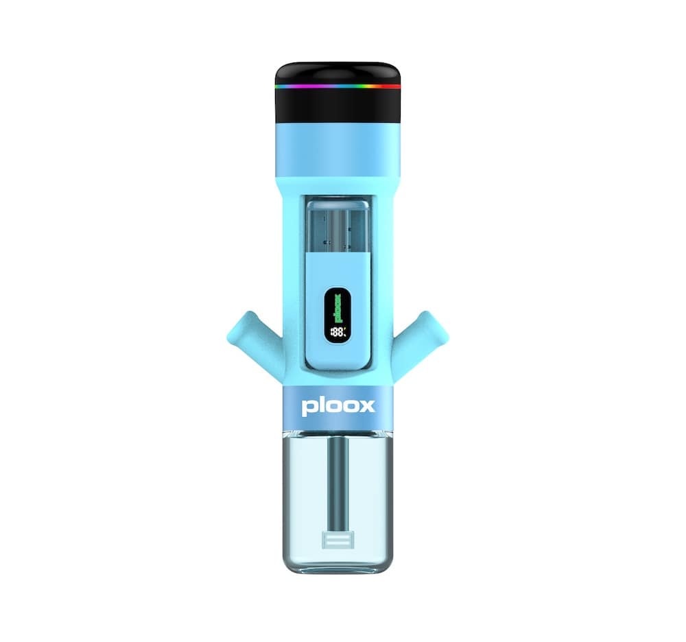 Light blue Ploox portable electronic hookah with digital display and glass base