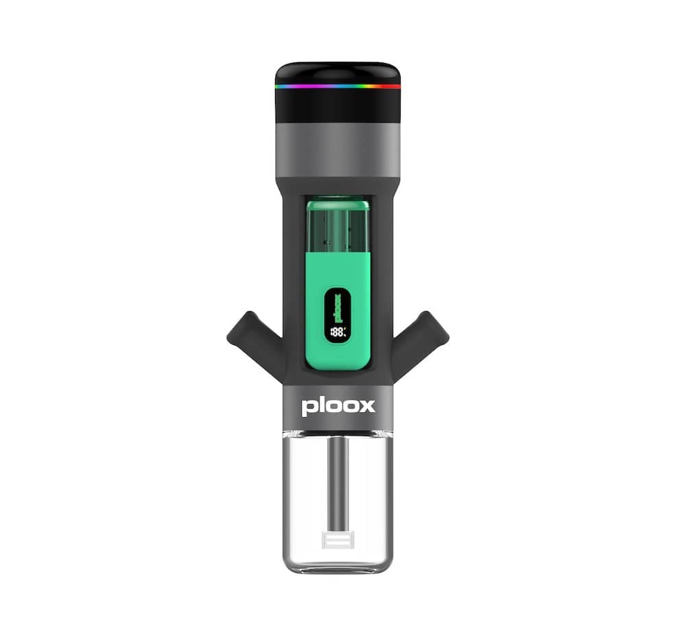 Ploox digital electronic hookah with green accent and clear glass base on white background
