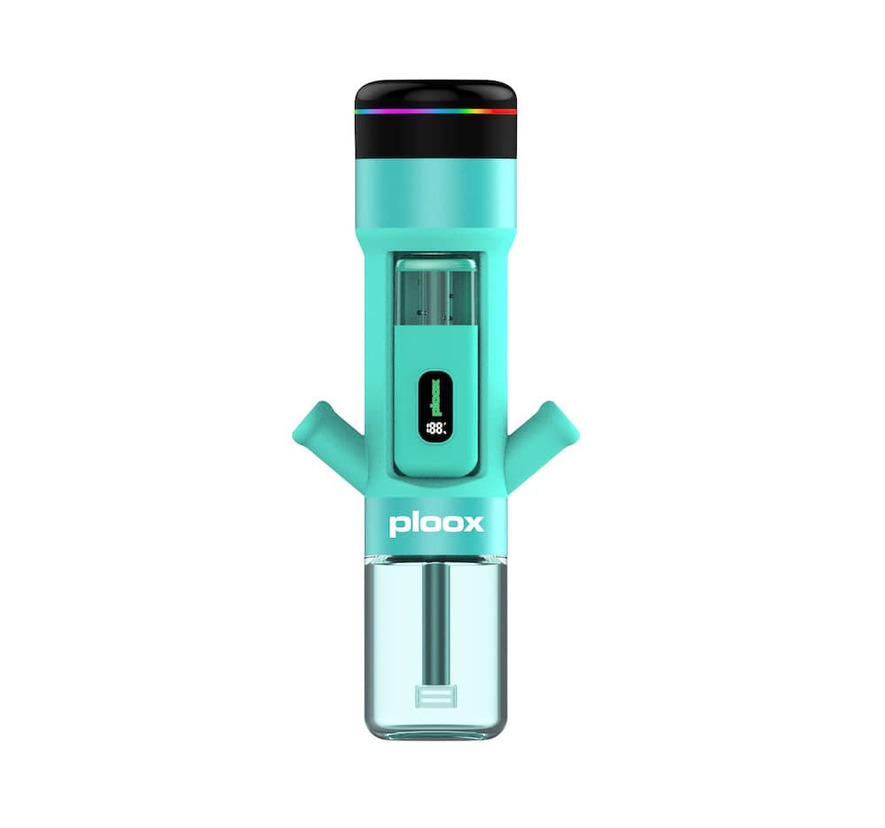 Turquoise Ploox portable electronic hookah with digital display and glass base